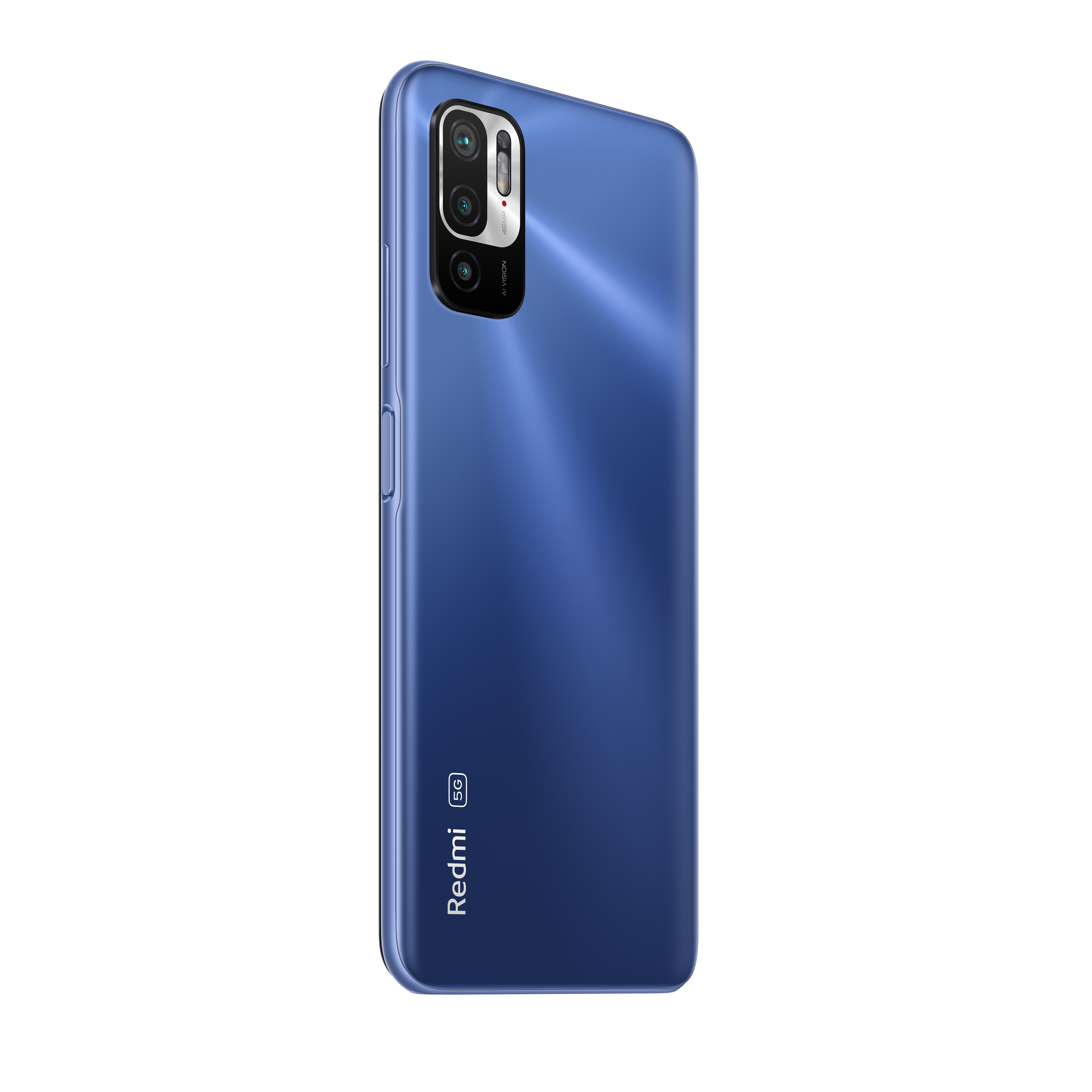 Blaues Redmi 5G-Telefon, Rückansicht. Kameraobjektiv sichtbar. Weißer Hintergrund.