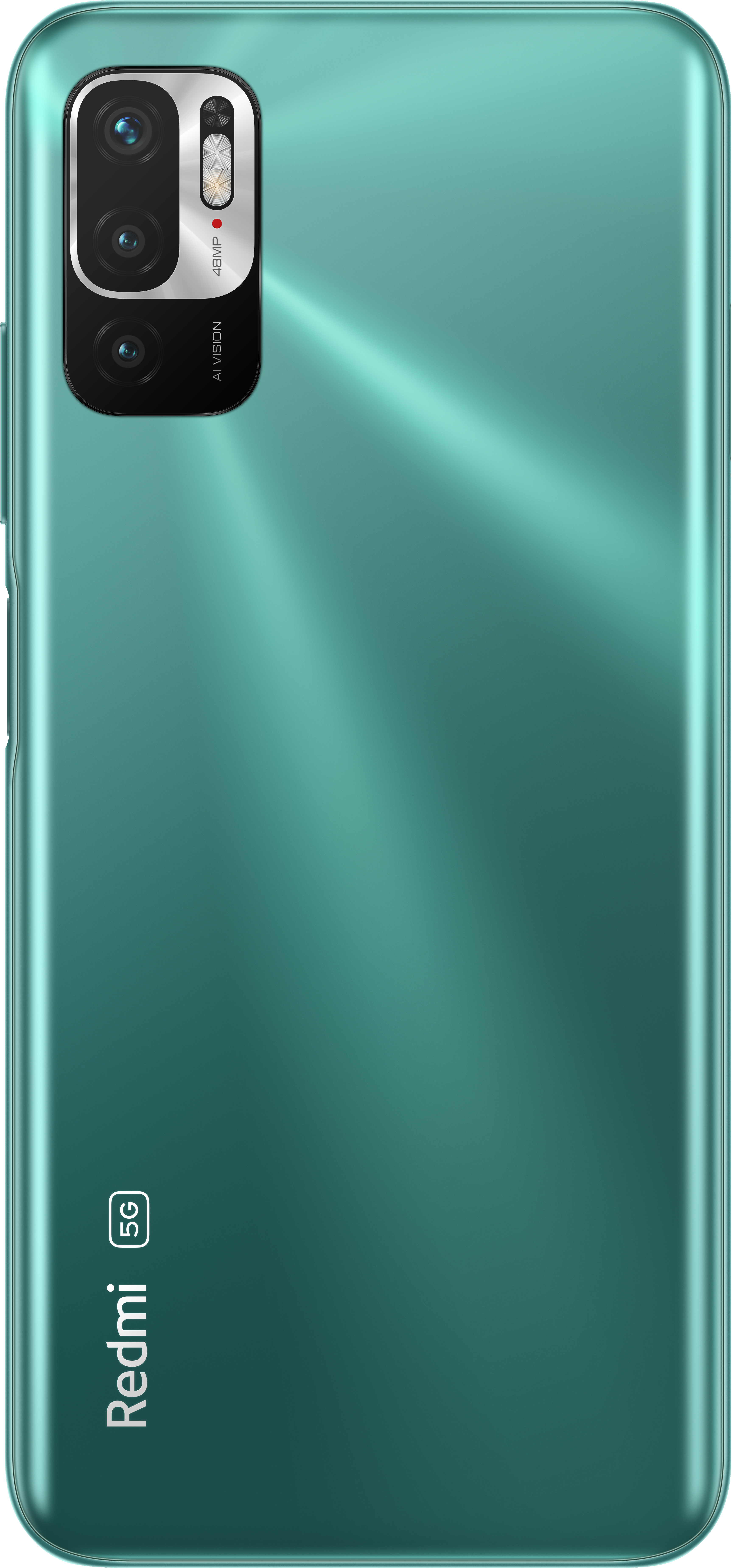 Grünes Redmi 5G-Telefon, Rückansicht, mit Kameraanordnung und Redmi-Logo.