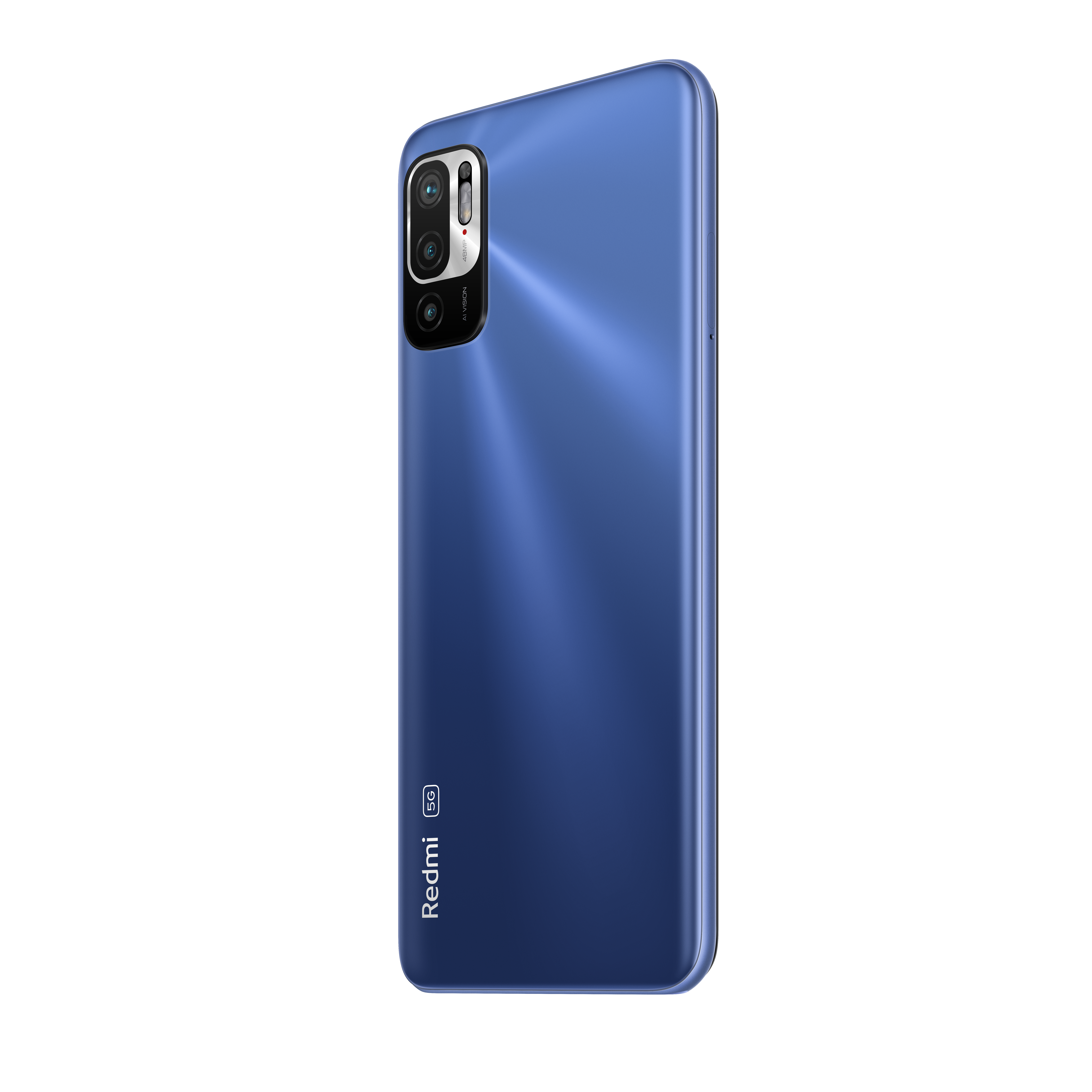 Blaues Xiaomi Redmi Telefon. Rückansicht, Kamera sichtbar. Glänzendes blaues Finish.