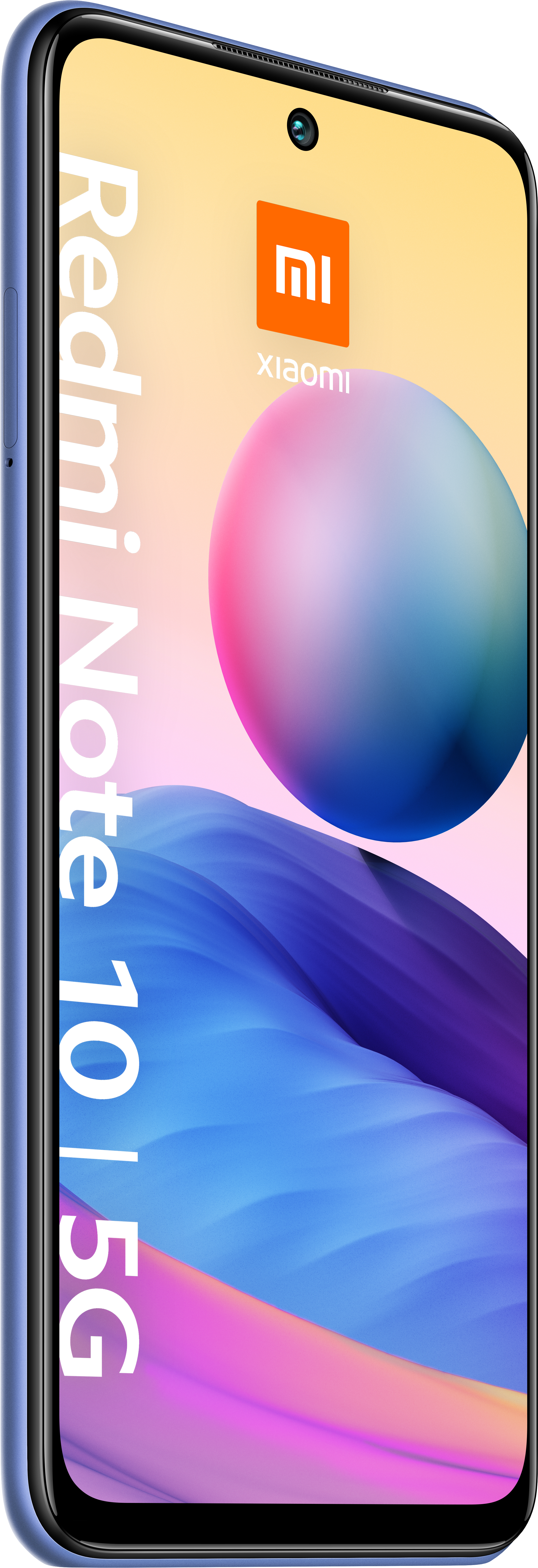 Xiaomi Redmi Note 10 5G Telefon. Das Telefon ist blau. Der Hintergrund ist weiß.
