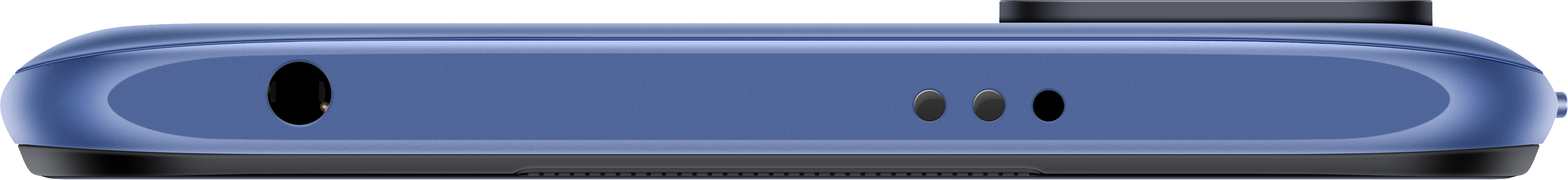 Unteransicht eines blauen Telefons mit Kopfhöreranschluss, Lade- und Mikrofonanschlüssen.