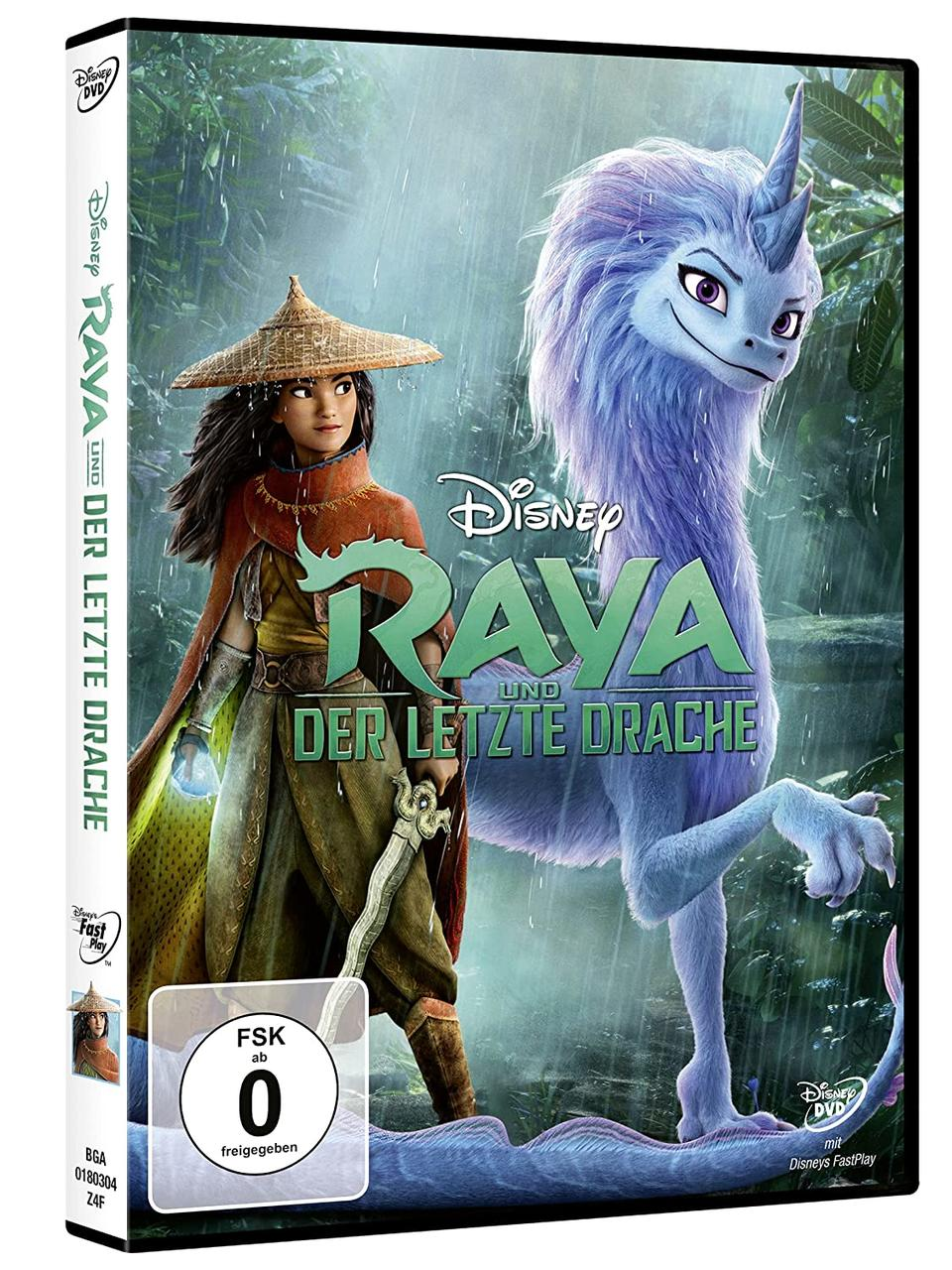 DVD-Hülle für "Raya und der letzte Drache", mit einer Frau und einem Drachen vor einem Waldhintergrund.