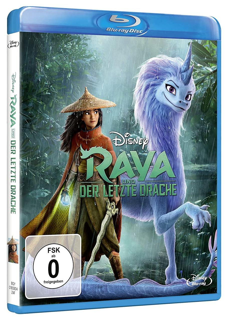 Raya und der letzte Drache Blu-ray-Cover. Raya und ein Drache stehen in einer Waldkulisse.