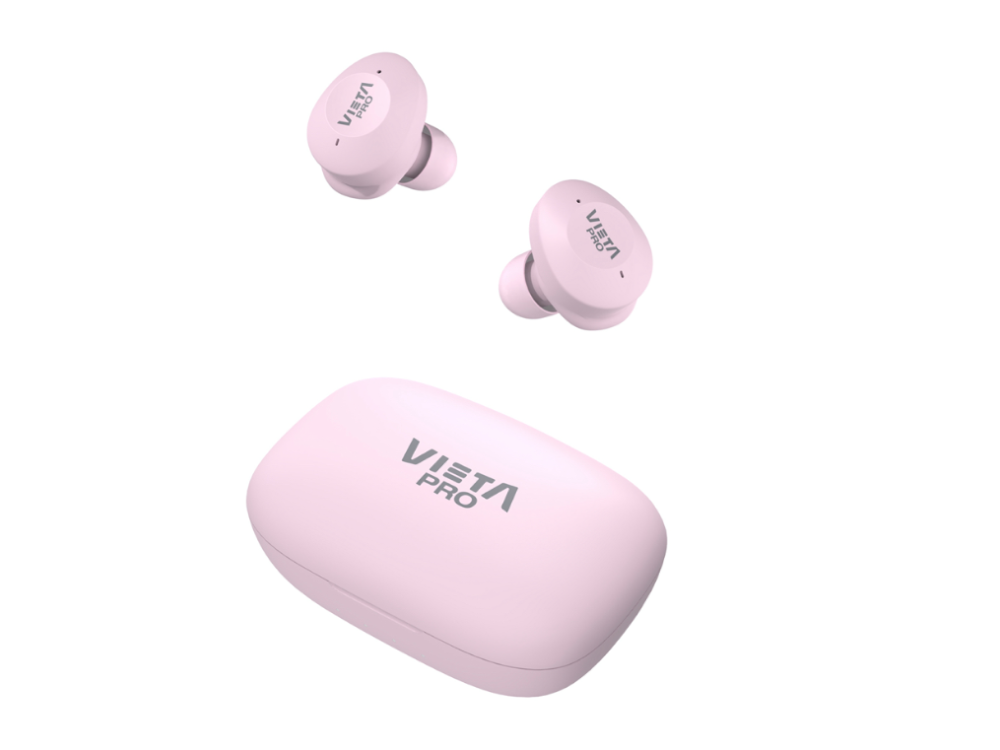 Auriculares Vista Pro rosas y estuche de carga, fondo blanco.