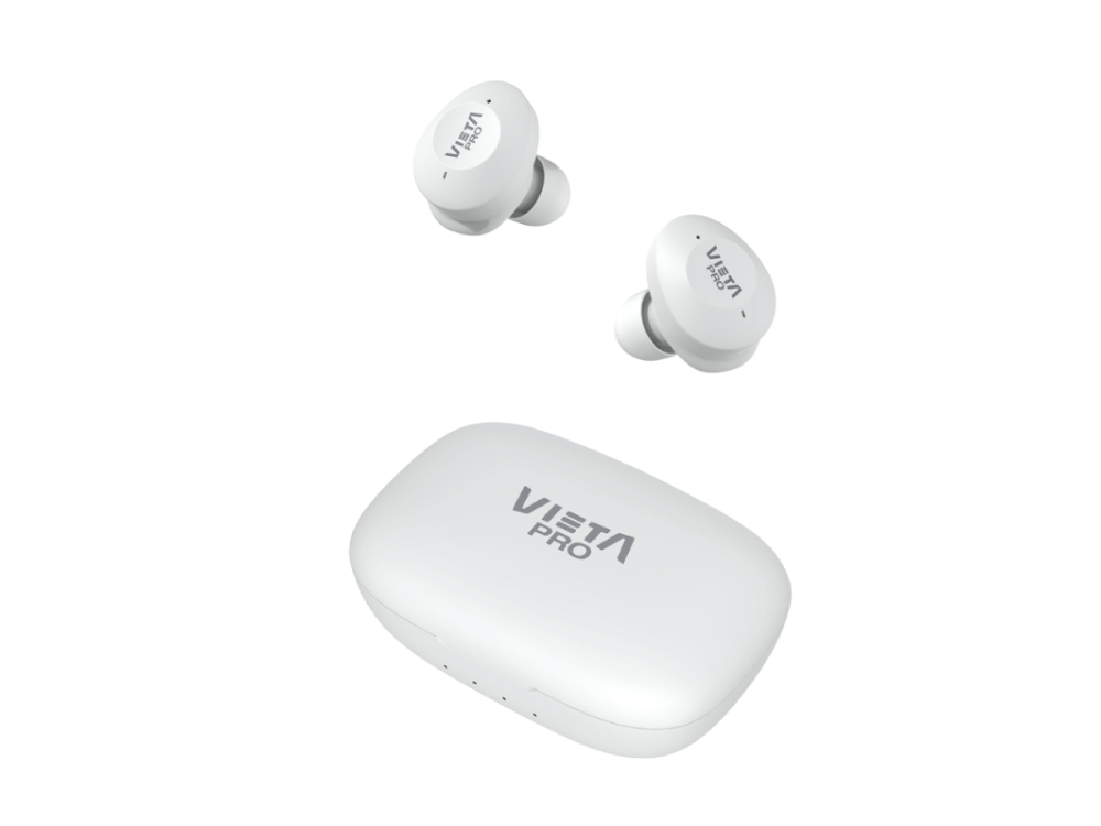 Auriculares Vista Pro blancos y estuche de carga sobre fondo blanco. El estuche tiene luces indicadoras.