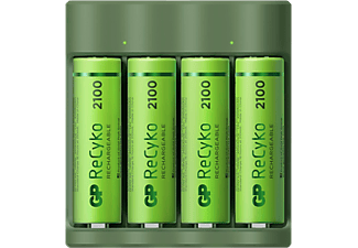 Pilas recargables con cargador - GP Eco B421, 4x Pilas AA ReCyko 2000 Series, USB, Verde