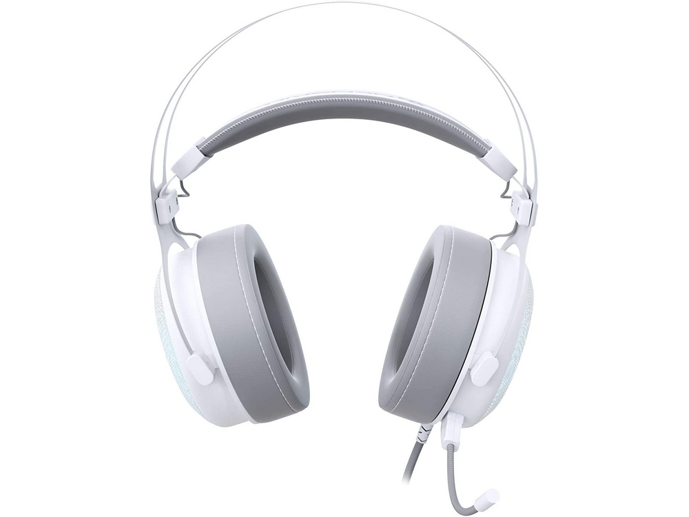 Auriculares blancos y grises. Los auriculares son grandes y circulares. La diadema es blanca.