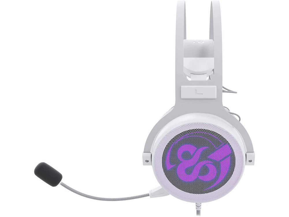 Auriculares para juegos blancos con micrófono y altavoz con patrón iluminado.