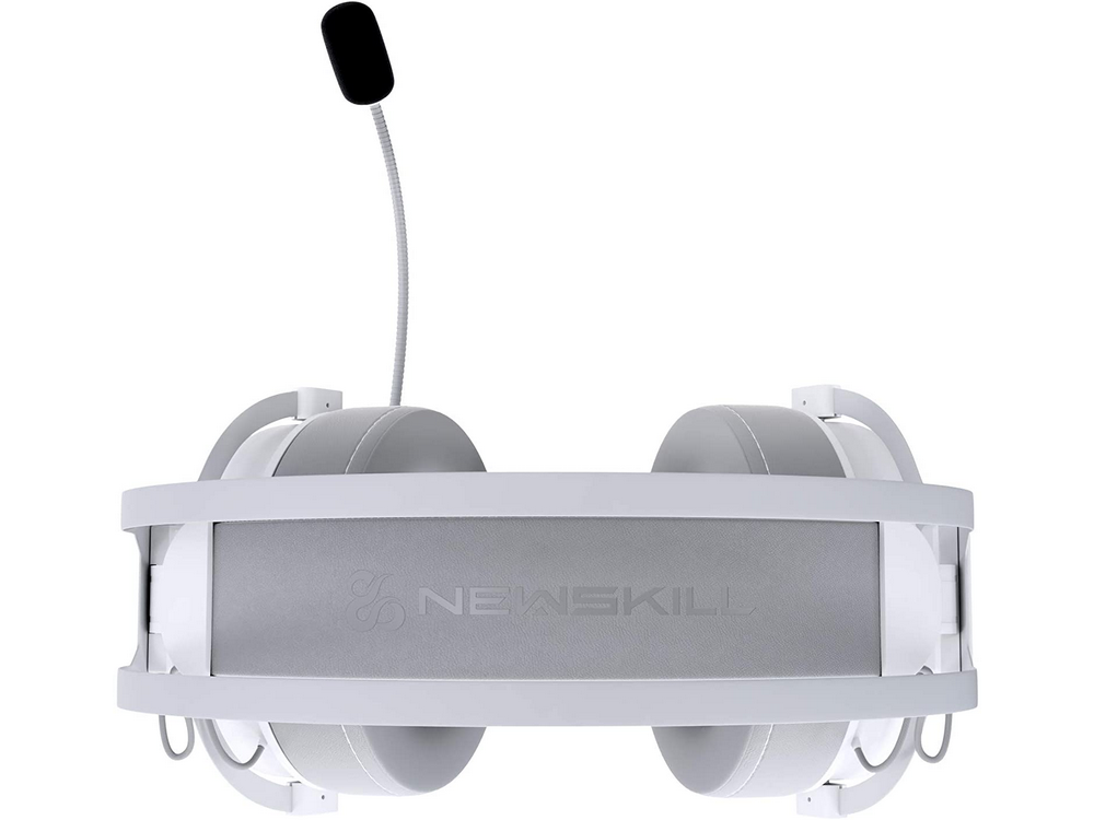 Auriculares gaming blancos con micrófono, logo Newskill en la diadema.