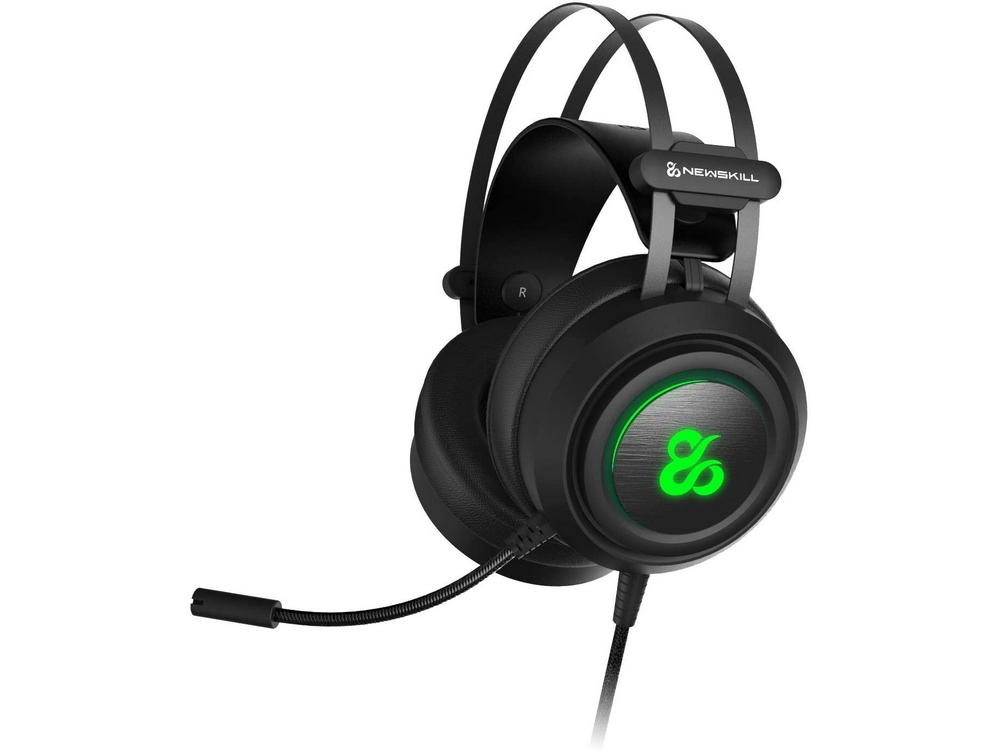 Auriculares gaming Newskill negros con micrófono y luz de logotipo verde.