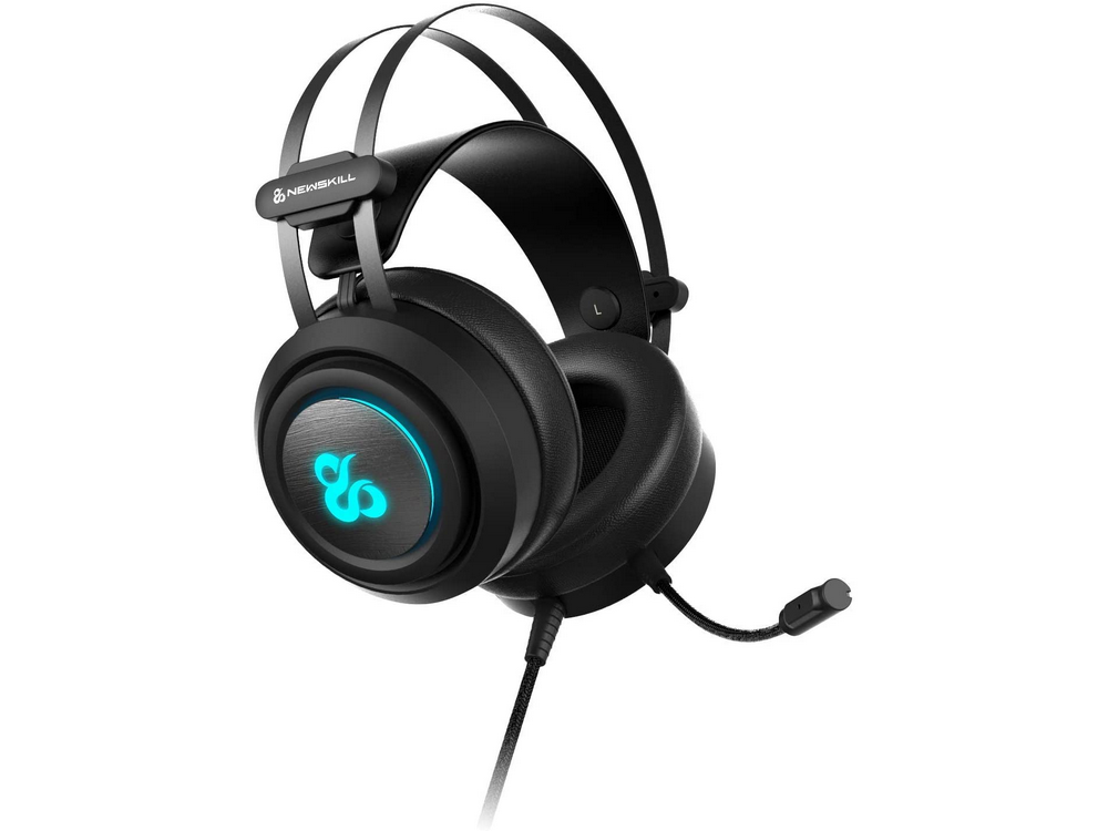 Auriculares gaming negros con logo azul brillante y micrófono adjunto.