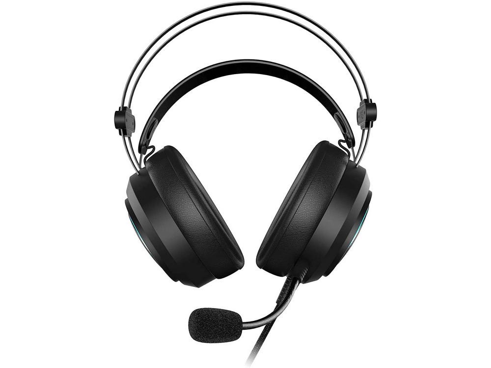 Auriculares negros con micrófono, vista superior. Los auriculares son redondos y la diadema curva.