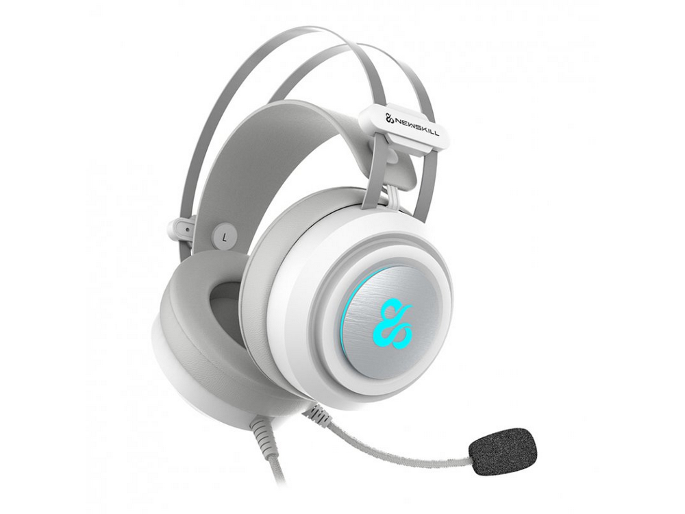 Auriculares gaming blancos y grises con micrófono y logo azul.