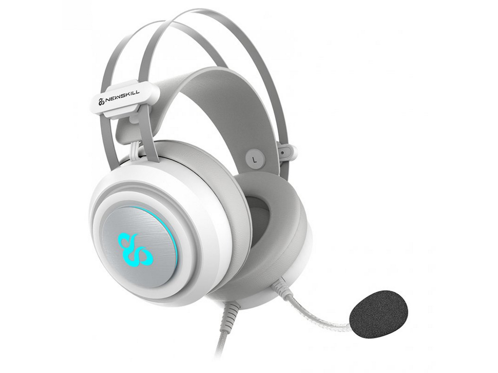 Auriculares gaming blancos y grises con micrófono y el logo.