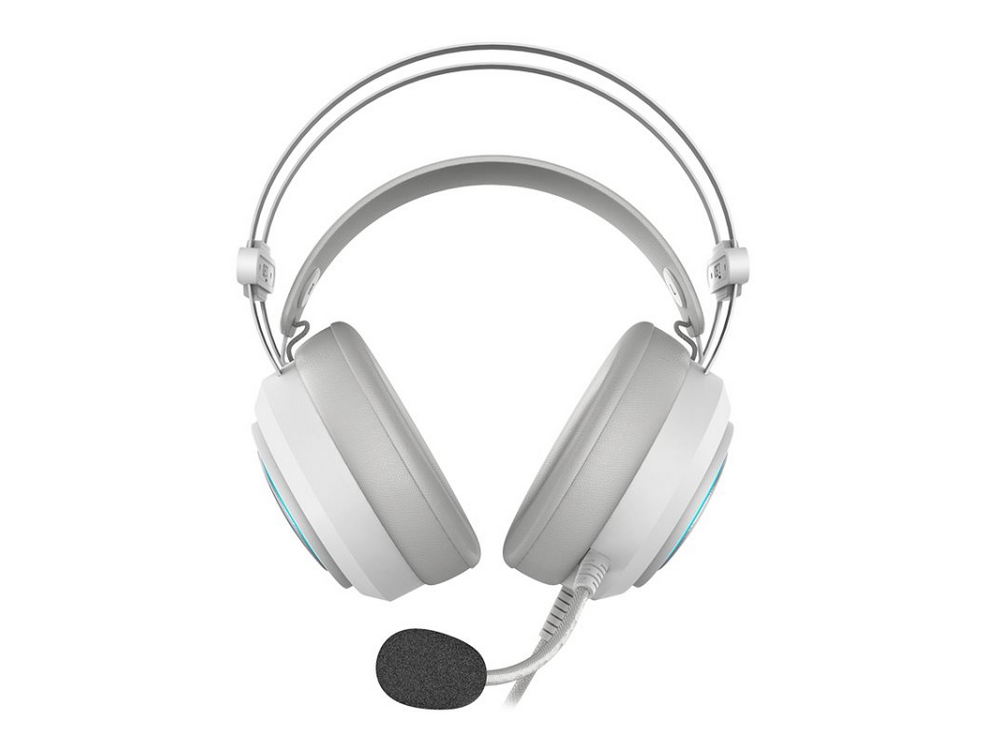 Auriculares blancos con almohadillas grises y un micrófono se muestran sobre un fondo blanco. El cable es visible.