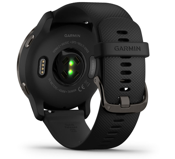 Fekete Garmin Venu 2 óra. Hátulnézet, érzékelőkkel, szíjjal és csattal. GPS, zene és multi-GNSS funkciókkal.