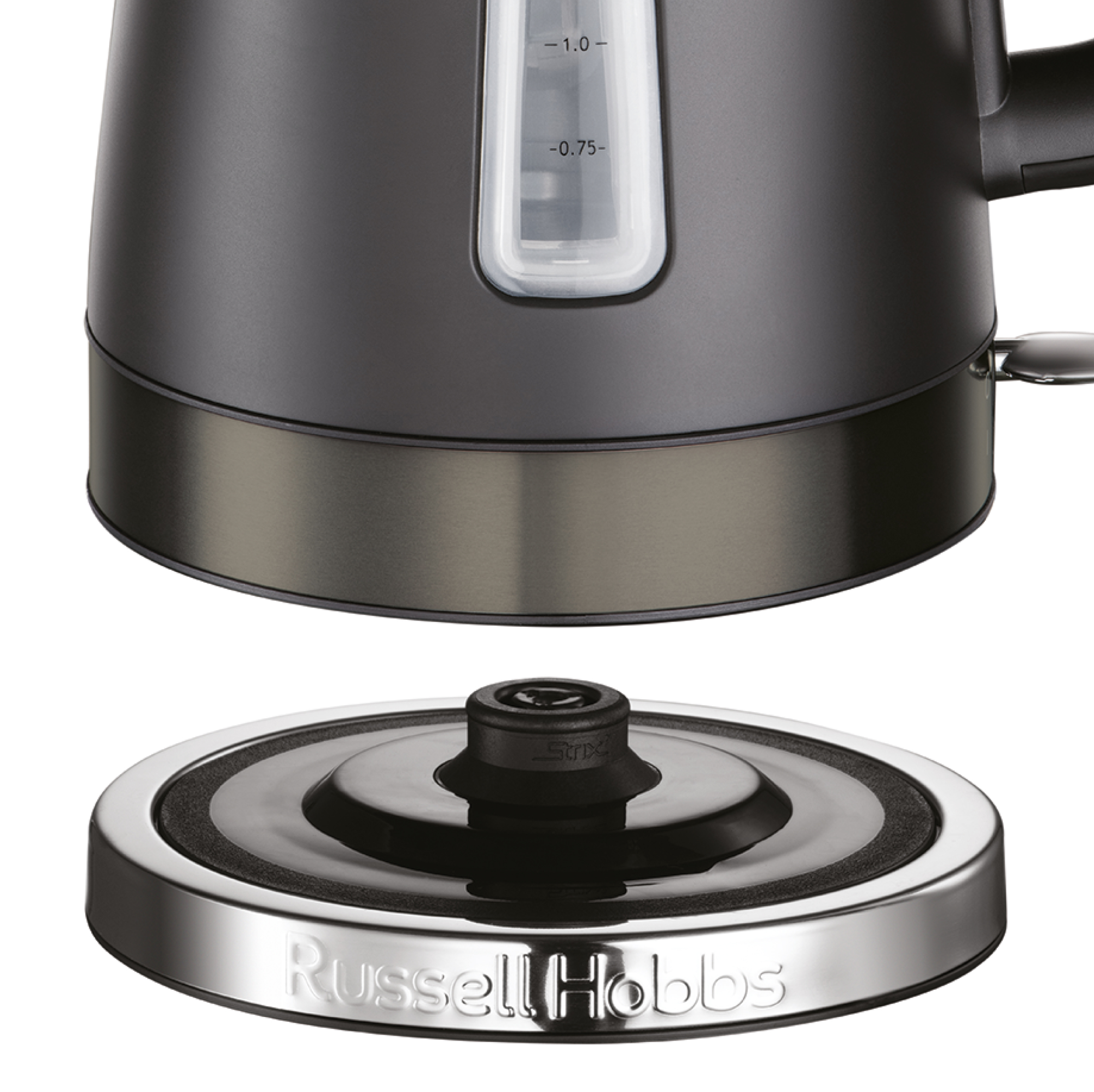 Close-up of a black kettle on its base. It has a water level indicator.