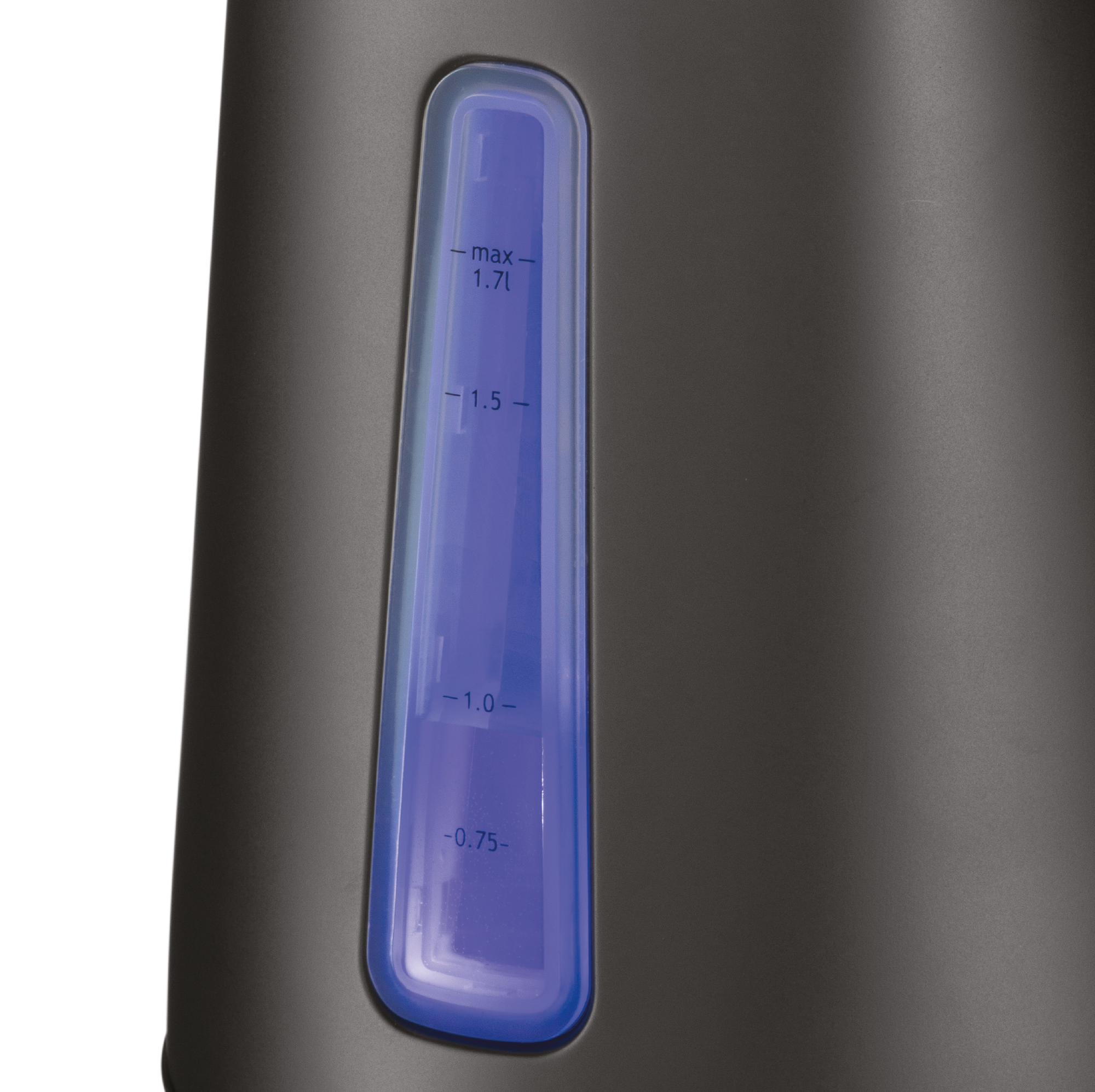 Black electric kettle with blue water level indicator. Markings show water volume.