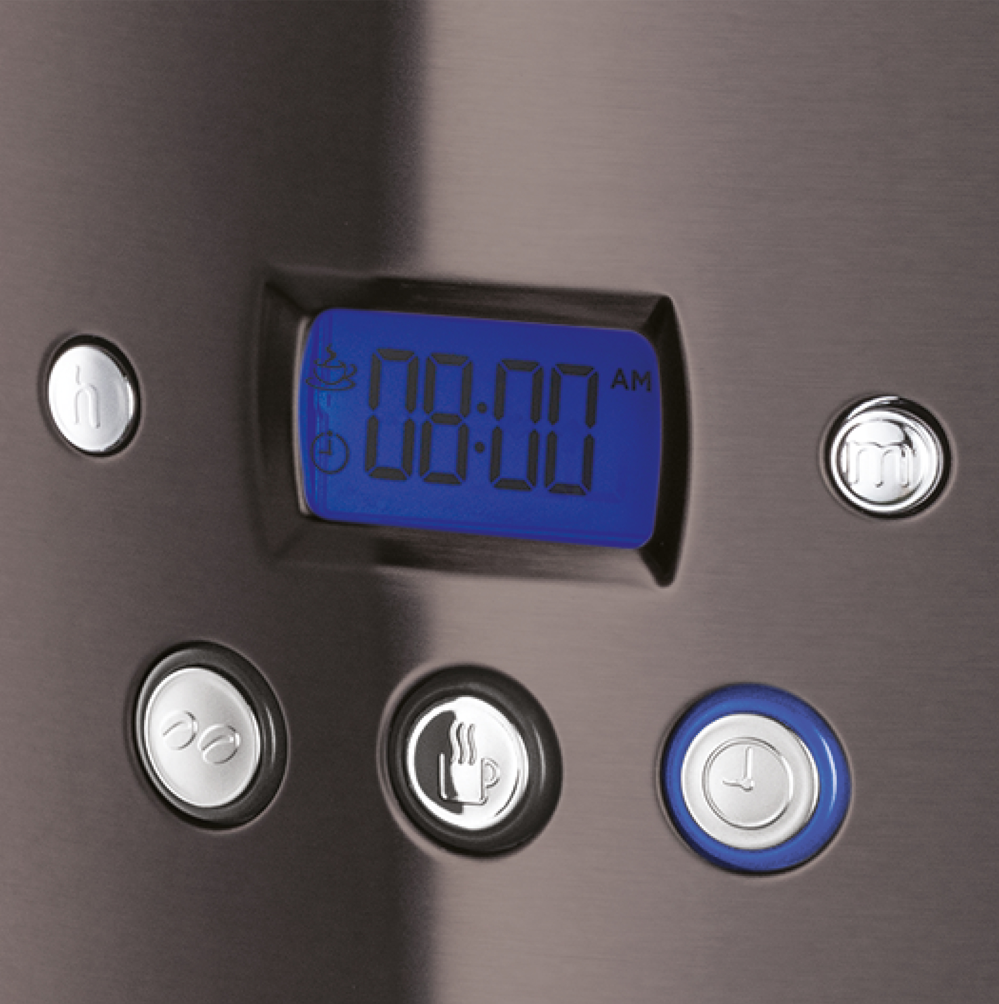 Close-up of a coffee machine display with blue light, shows time and multiple buttons.