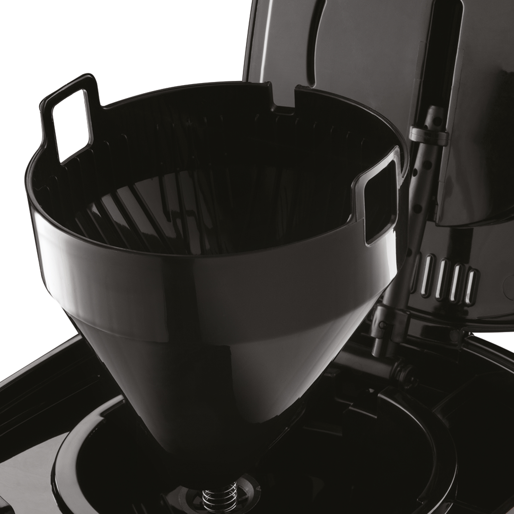 Black coffee maker filter holder, open.  Visible inner structure.  White background.