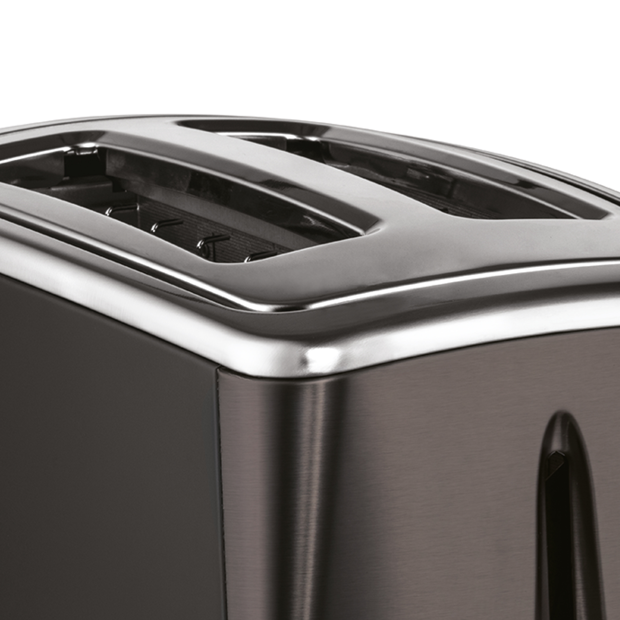 Close-up of a black and silver toaster with two slots. The surface is brushed metal.