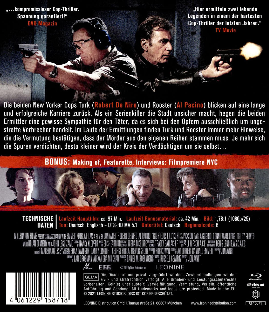 Rückseite einer DVD-Hülle mit zwei Männern, die Waffen halten. Text und Bilder von Filmszenen.