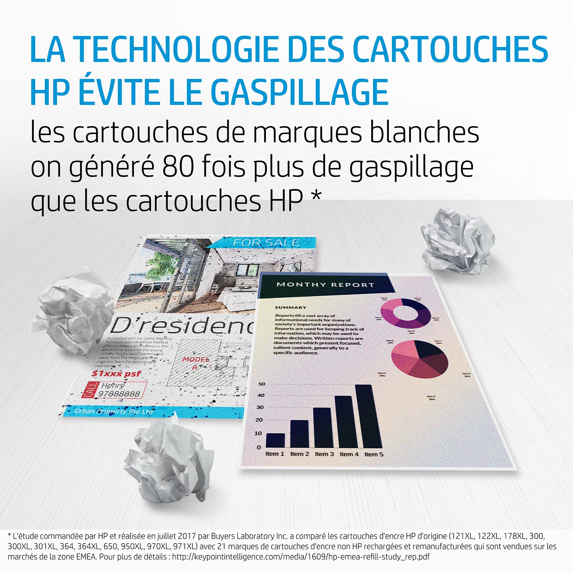 Immagine testuale sulle cartucce HP e i rifiuti. Sfondo bianco, carte stropicciate.