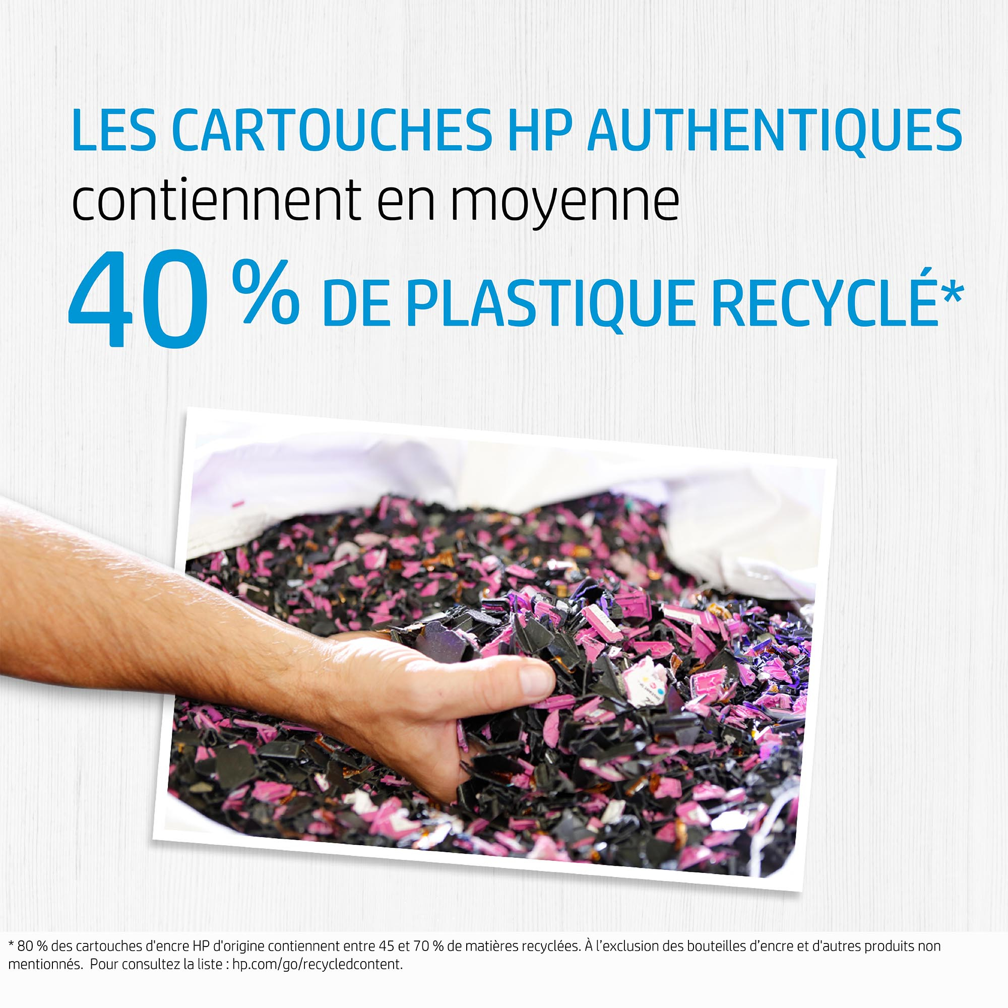 Mano che tiene pezzi di plastica riciclata. Il testo dice che le cartucce HP contengono il 40% di plastica riciclata.