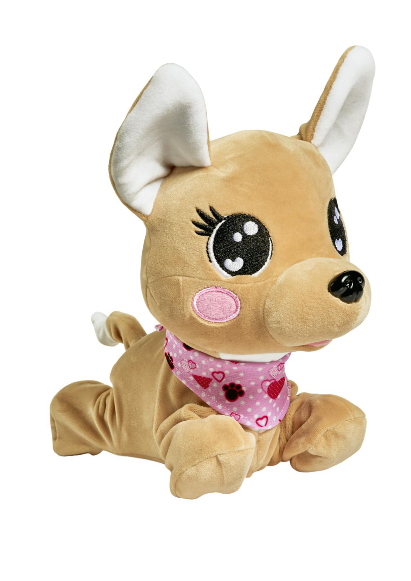 Hellbraunes Plüschhundespielzeug mit einem rosa gepunkteten Halstuch mit Herzen.