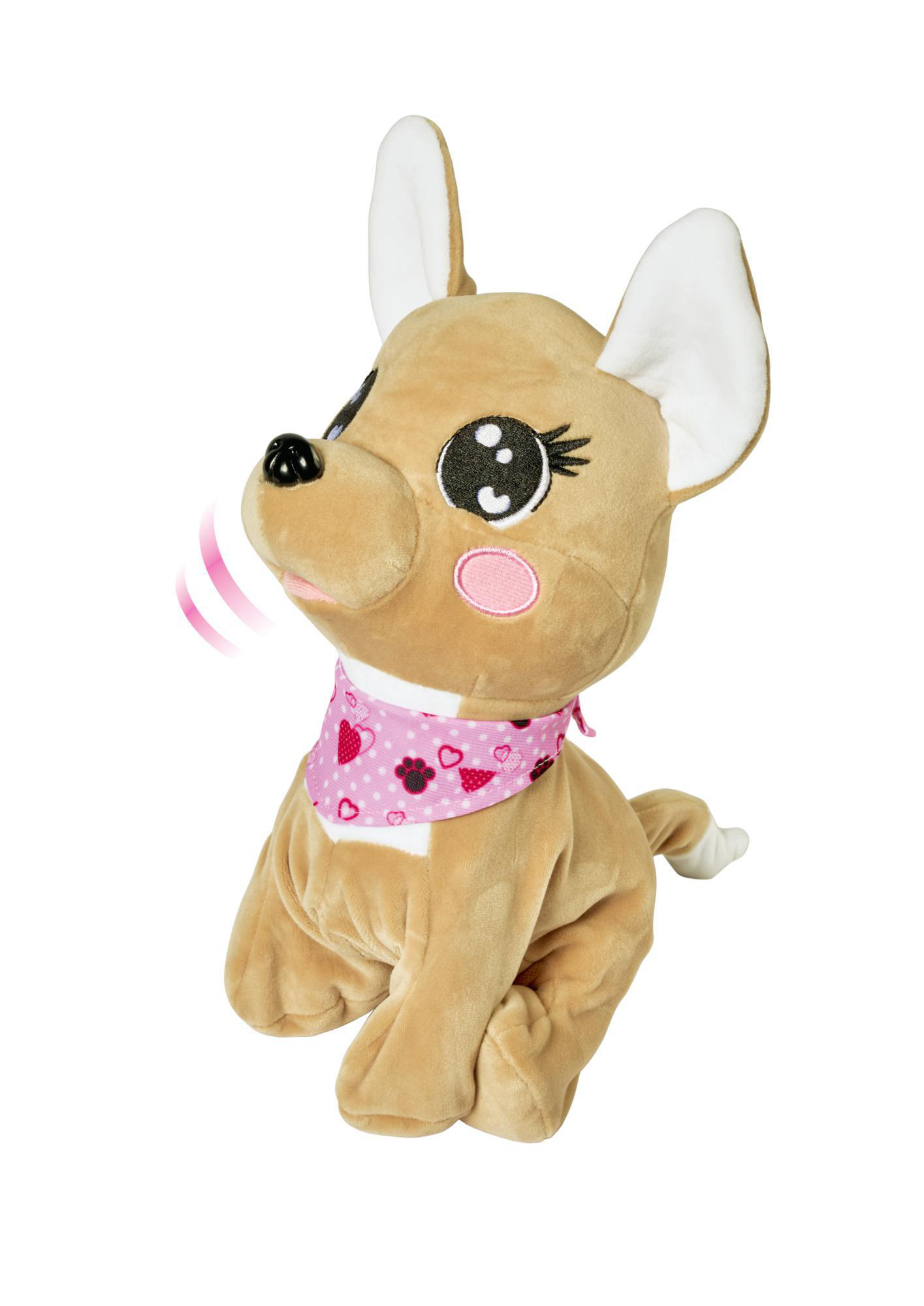 Ein Plüschtierhund mit großen Augen, der einen rosa Schal trägt und rosa Töne von sich gibt.