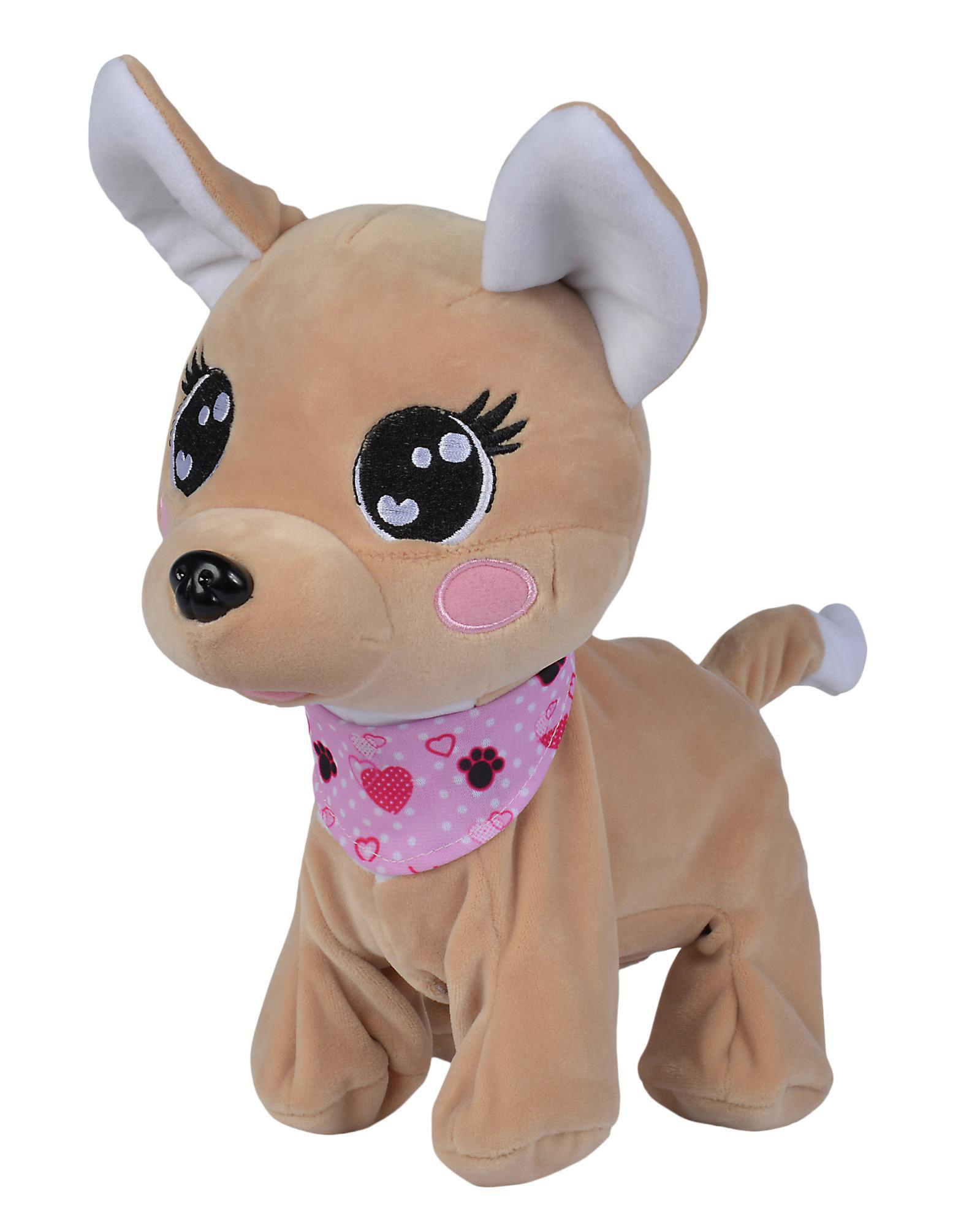 Hellbraunes Chihuahua-Plüschtier mit rosa Halstuch. Es hat große schwarze Augen und eine rosa Nase und Wangen. Lächelt.