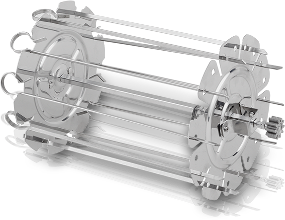 A grill rotisserie attachment with two circular components with metal bars.