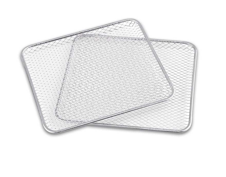 Two silver mesh trays, possibly for air frying, are on a black background.