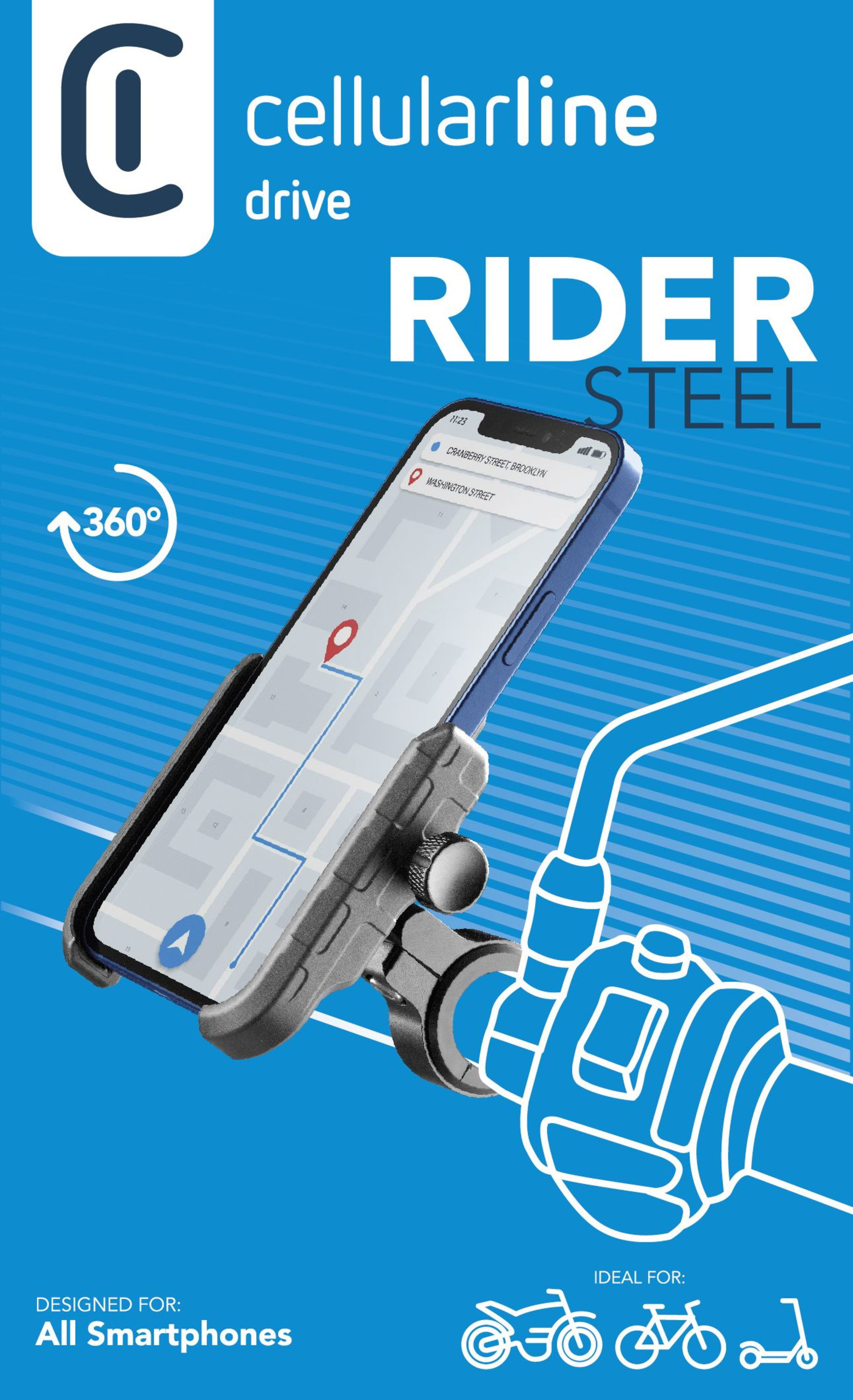 Telefono montato su un manubrio. Il telefono mostra una mappa. Il testo recita 'RIDER STEEL'.