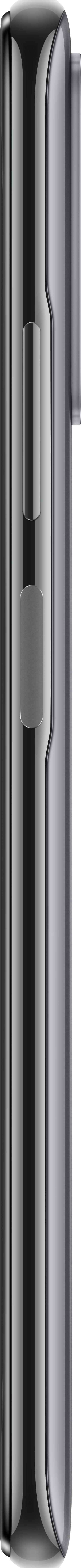 Eine Seitenansicht eines silbernen Smartphones. Das Telefon hat ein metallisches Finish und ein schlankes Design.