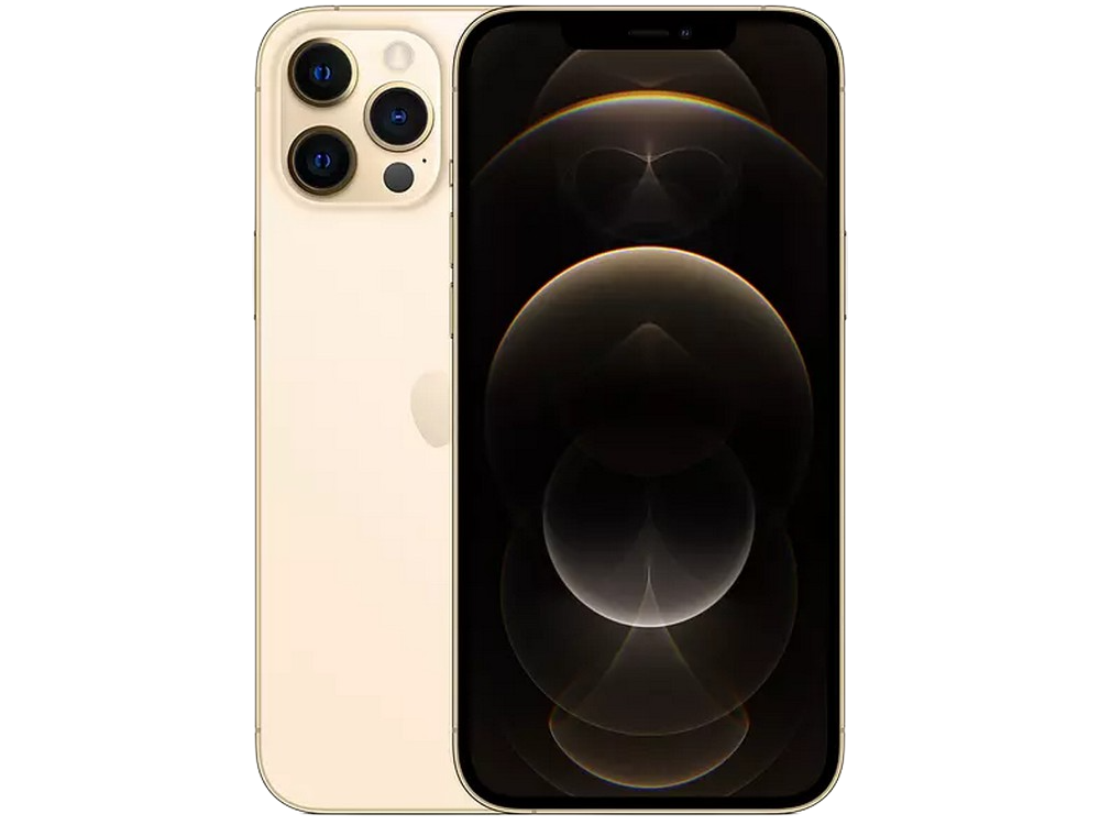 Un iPhone dorado, que muestra la parte trasera con cámaras y la pantalla. La pantalla muestra un patrón borroso y abstracto.