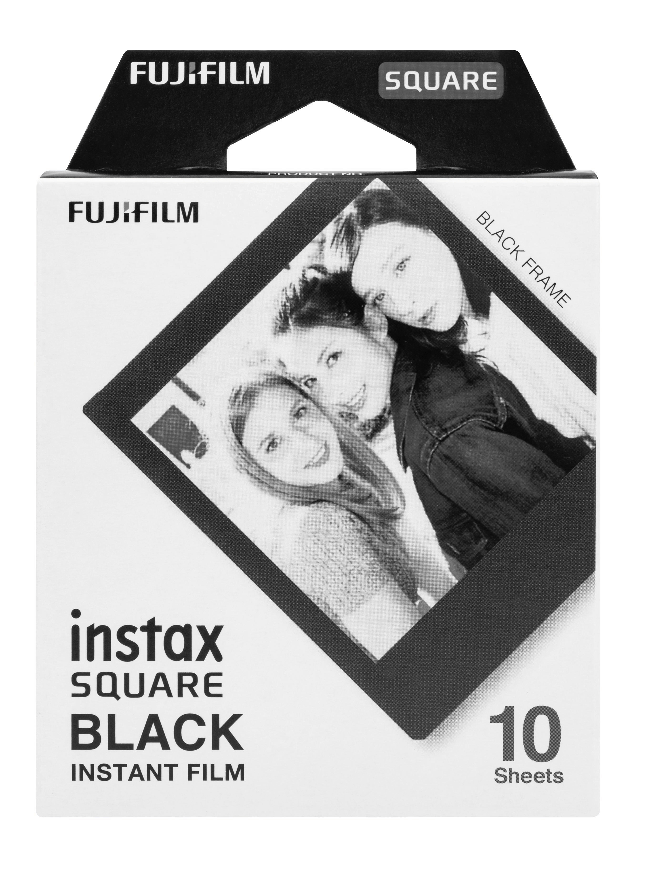 Eine schwarz-weiße Schachtel mit Instax Square Schwarz-Sofortbildfilm mit einem Foto.