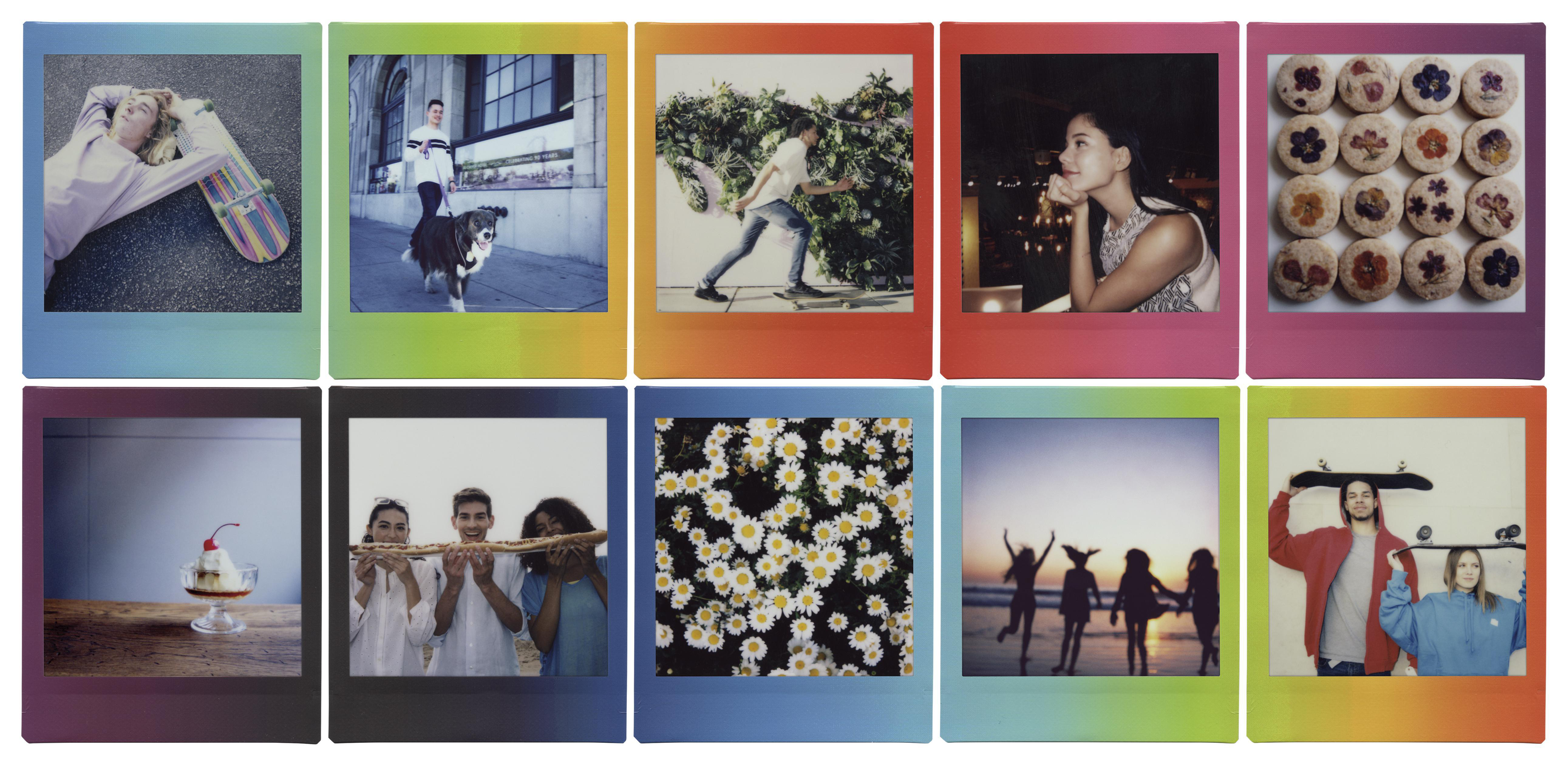 Zehn quadratische Polaroid-Fotos. Motive sind Menschen, Blumen und Essen. Rahmen haben farbenfrohe Verläufe.