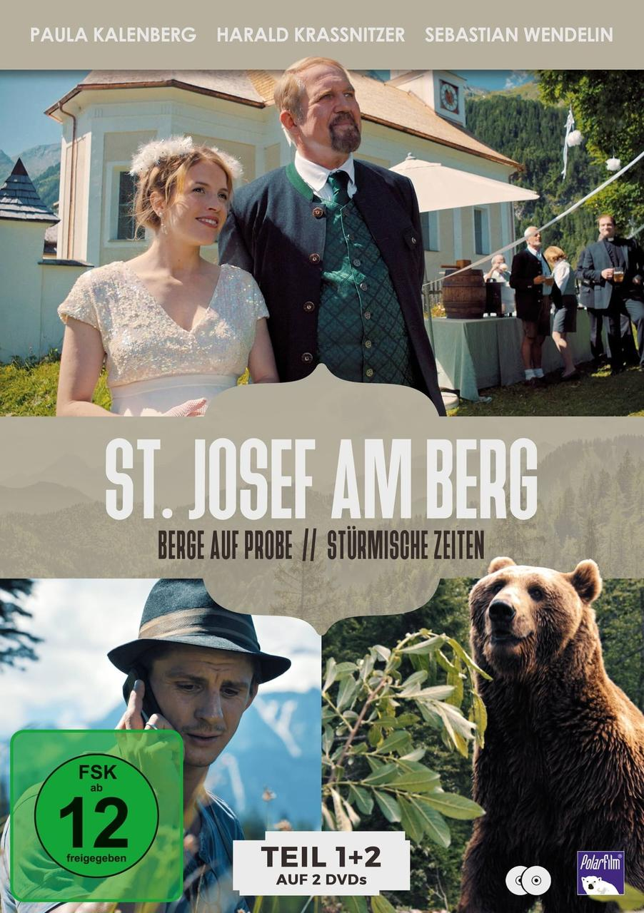 DVD-Cover: St. Josef am Berg. Menschen, ein Bär und ein Gebäude in Bergkulisse.