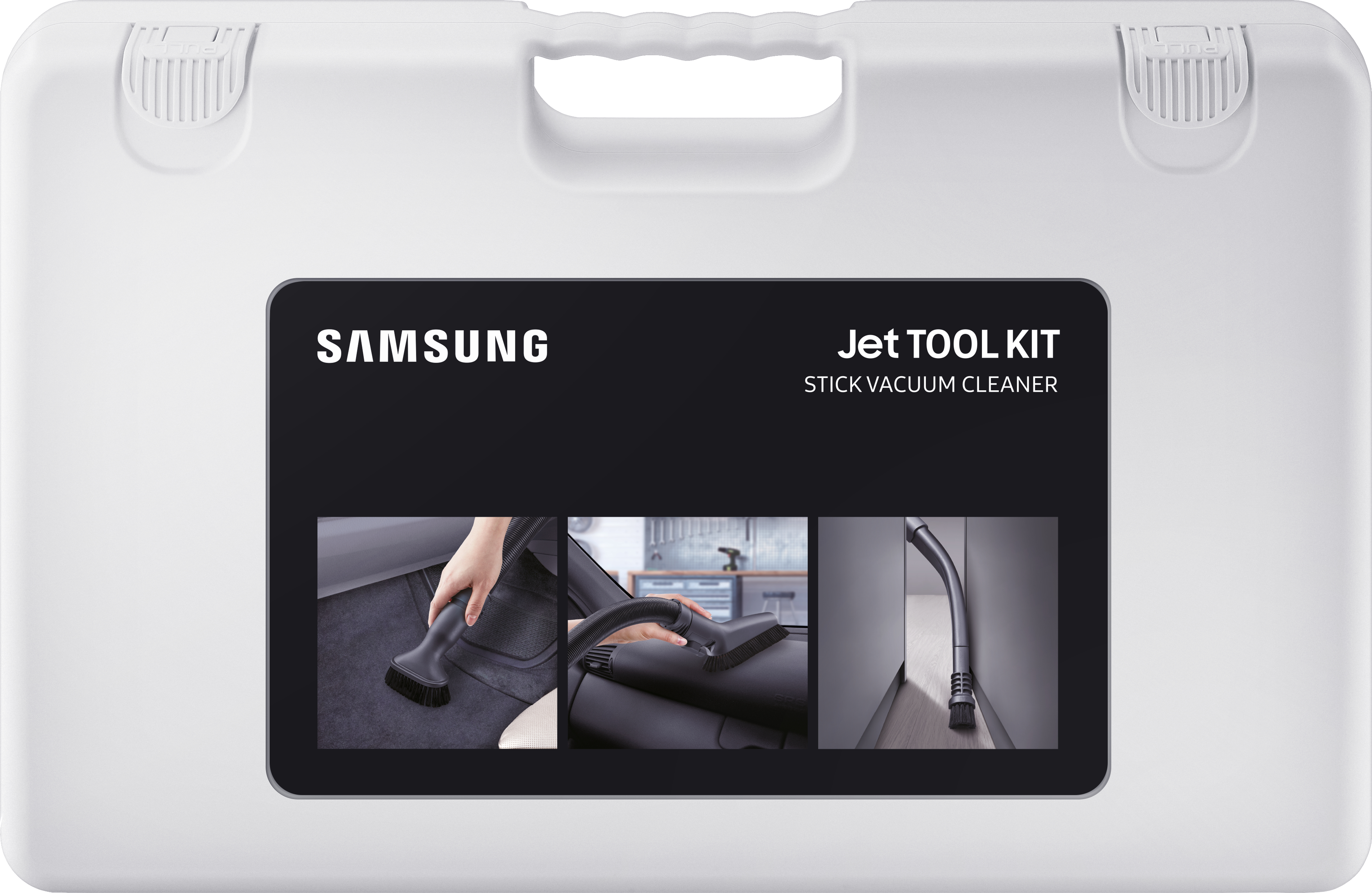 Weißer Samsung Jet Tool Kit Kasten mit Bildern vom Staubsaugen im Auto/Haus.