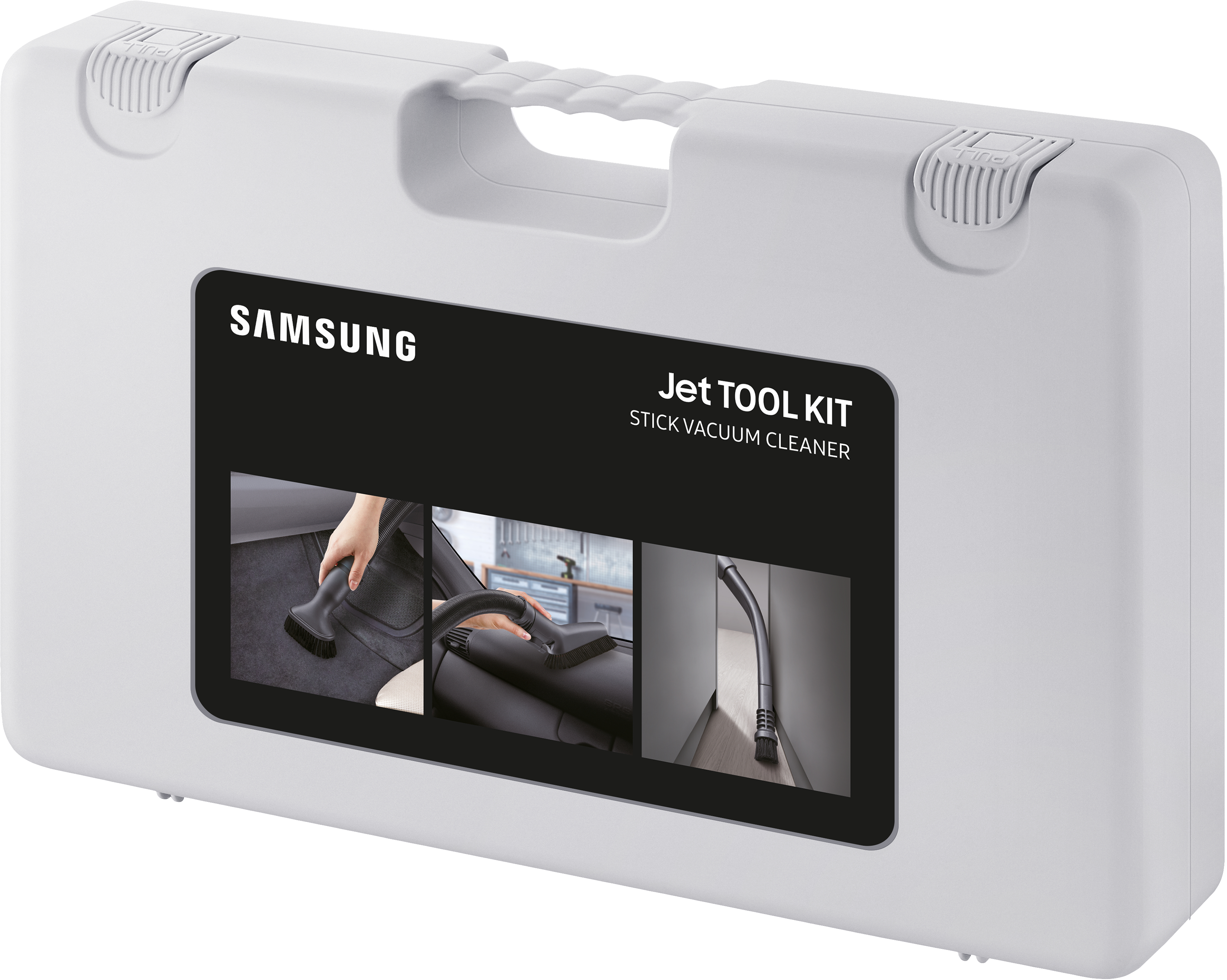 Weißes Samsung Jet TOOL KIT mit Bildern von Werkzeugen im Einsatz.