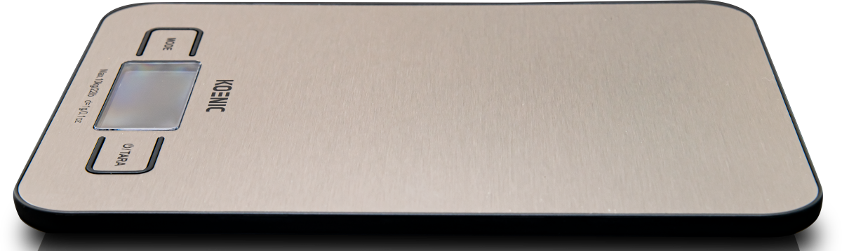 Silver kitchen scale. Rectangular with digital display and mode/tara buttons. Black background.