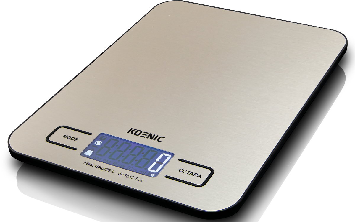 Silver and black Koenic digital scale. Display shows numbers and units of measurement.