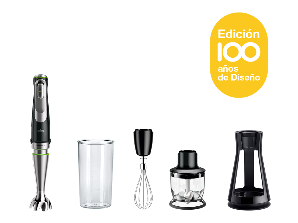 Batidora de mano edición 100 aniversario Braun con accesorios, incluido un batidor y picador.