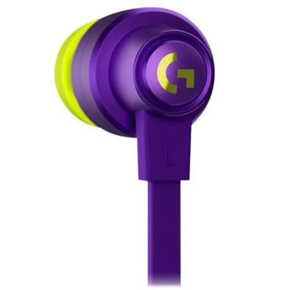 Egy lila-sárga Logitech fülhallgató közelképe, a Logitech logóval.