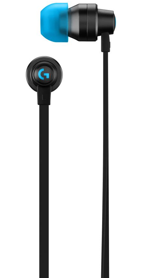 Fekete Logitech G fülhallgató kék füldugókkal és fekete kábellel.