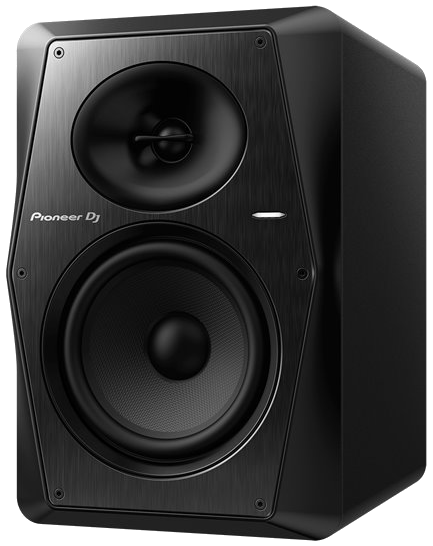 Haut-parleur noir avec deux ouvertures circulaires, un tweeter et un woofer. La marque Pioneer DJ est visible.