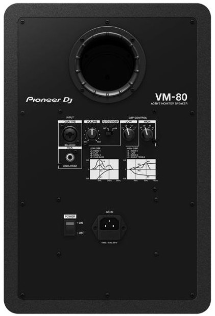 Achterkant van een Pioneer DJ VM-80 speaker, met bediening en poorten.