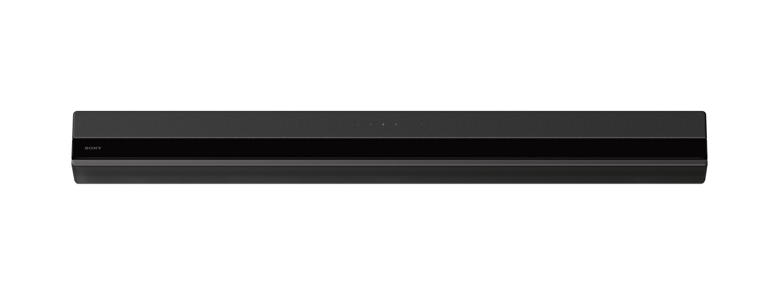 Barra de sonido Sony negra, larga y rectangular, sobre una superficie blanca.