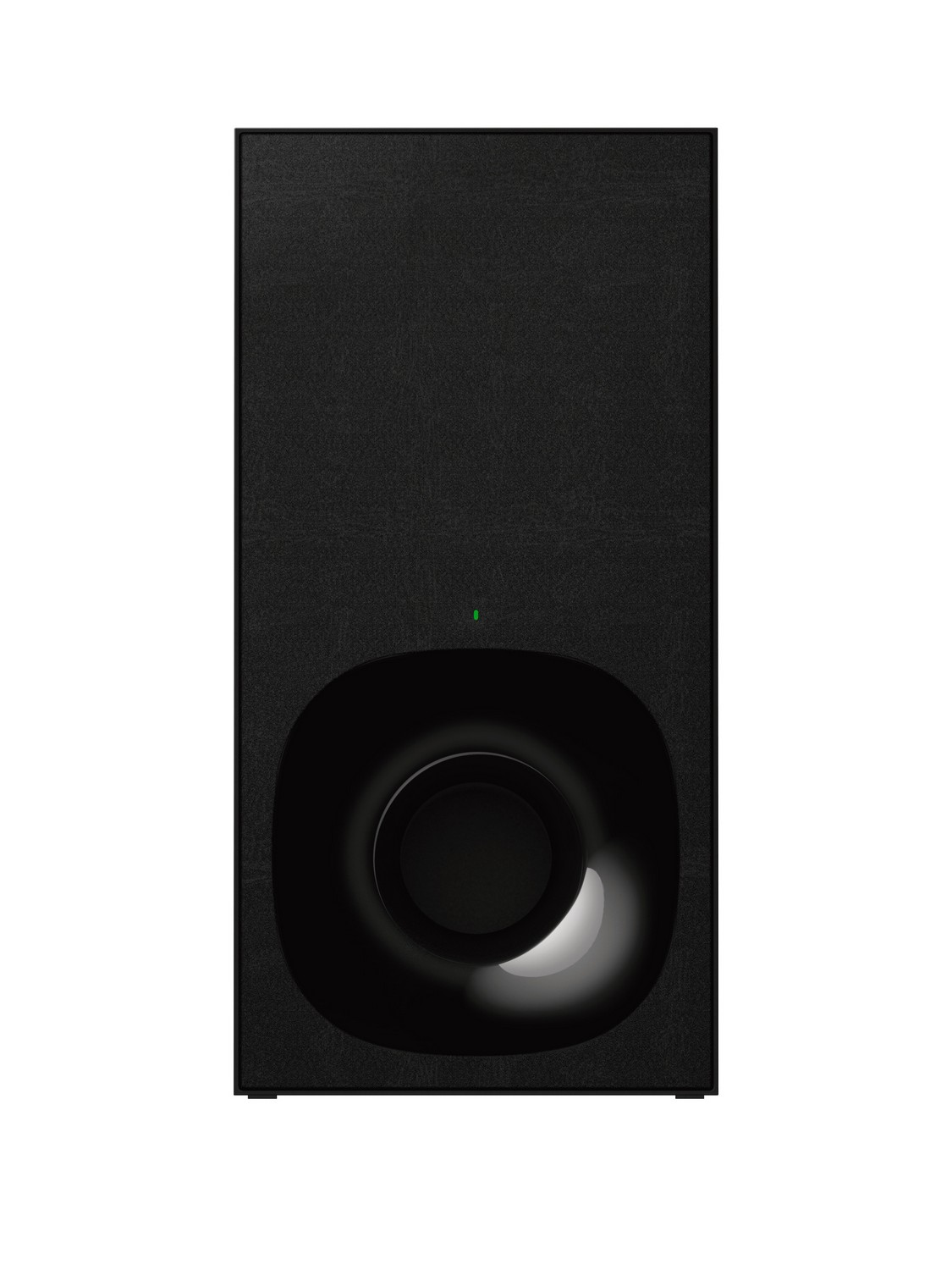Un subwoofer negro. Tiene un área circular brillante y una luz verde. El subwoofer está en posición vertical.